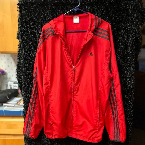 ADIDAS MENS (XL) Basic 3-Stripes Wind Ready Jacket Red w/black stripes like new - Picture 1 of 7